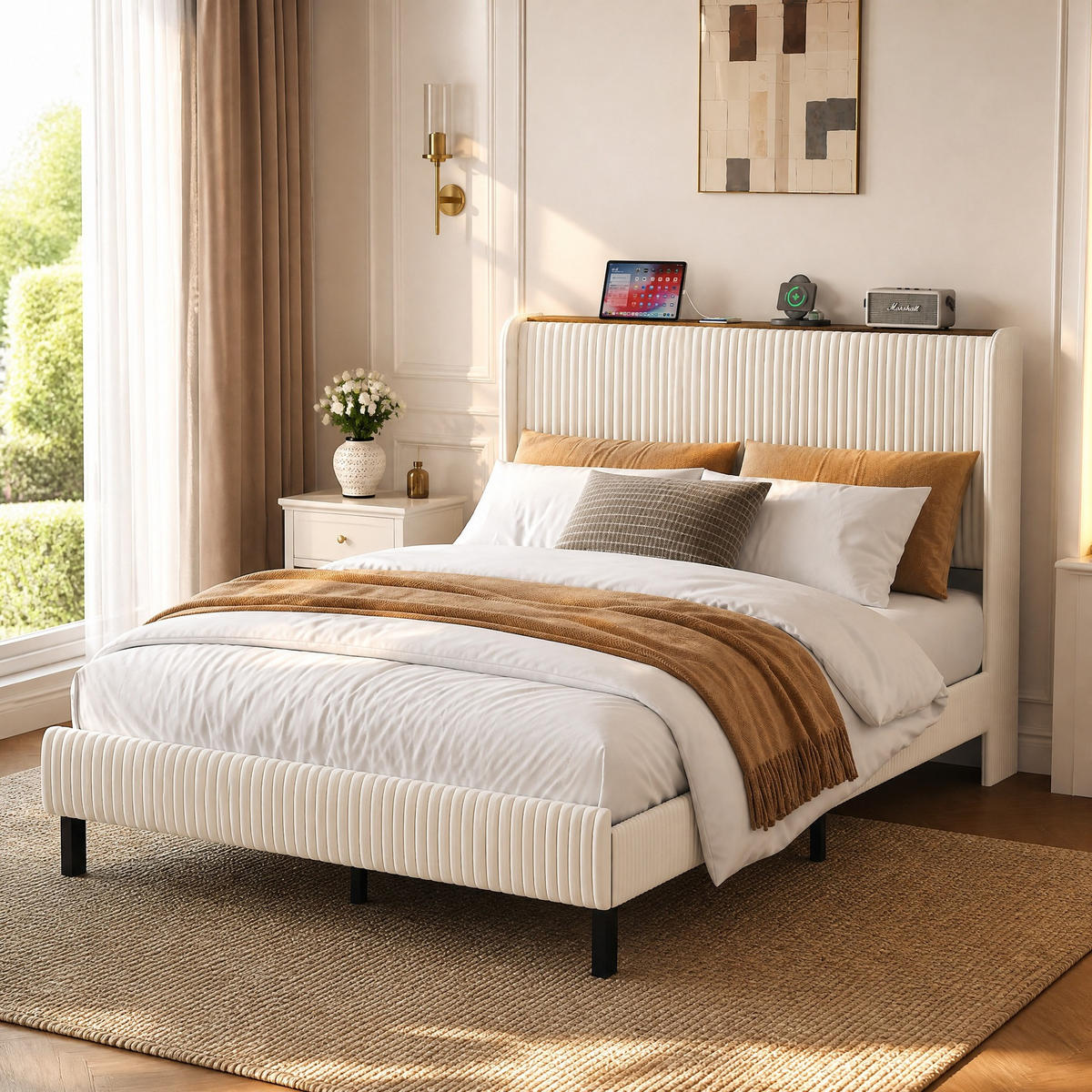 POLSTERBETT 140/200 cm in Beige & Creme Cord mit Flügelkopfteil - Beige, Holzwerkstoff/Textil (140/200cm) - CHICFURN