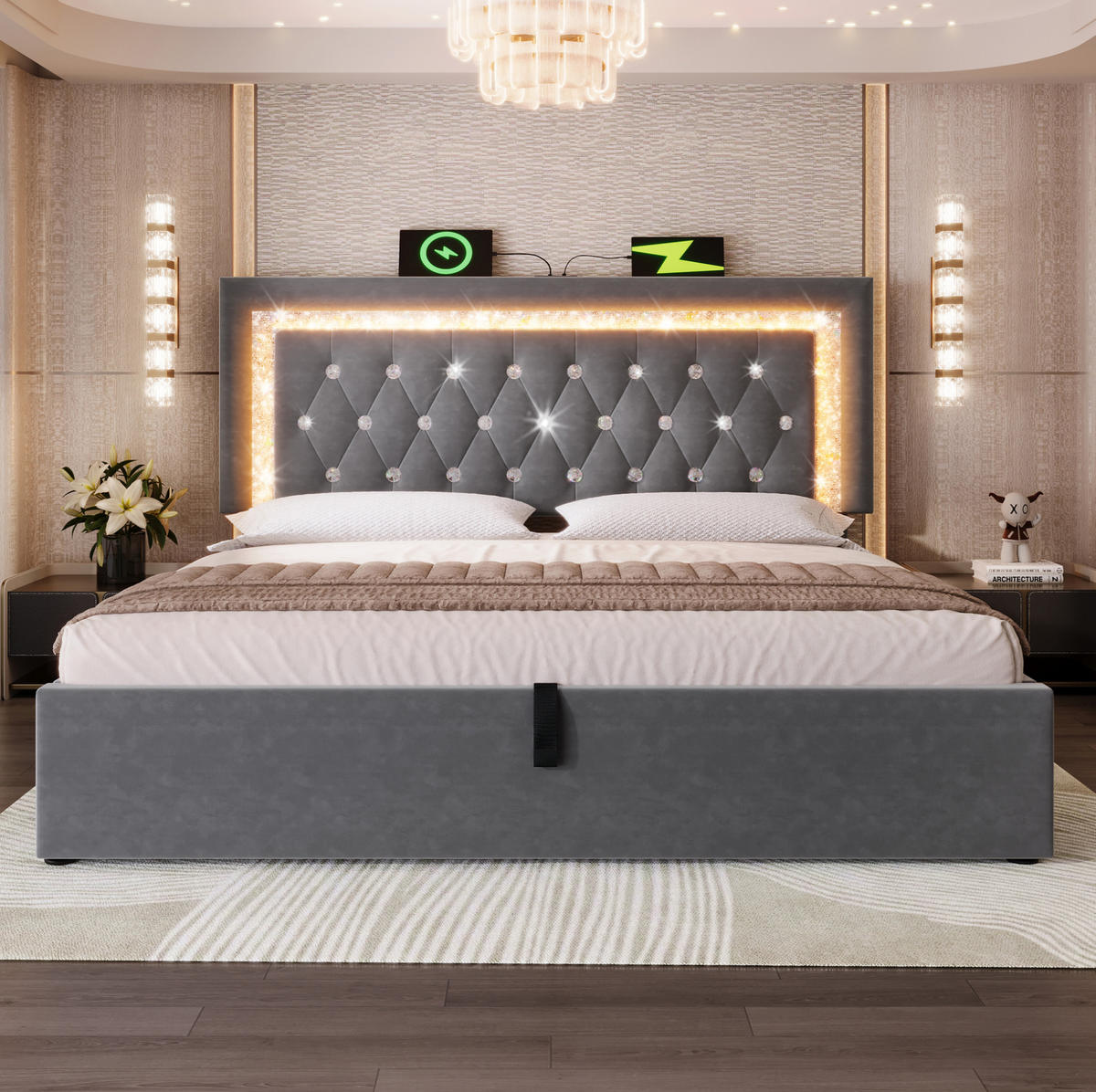 POLSTERBETT 140/200 cm Grau mit LED-Diamantstreifen und USB-Anschlüssen - Grau, Textil (140/200cm) - OKWISH