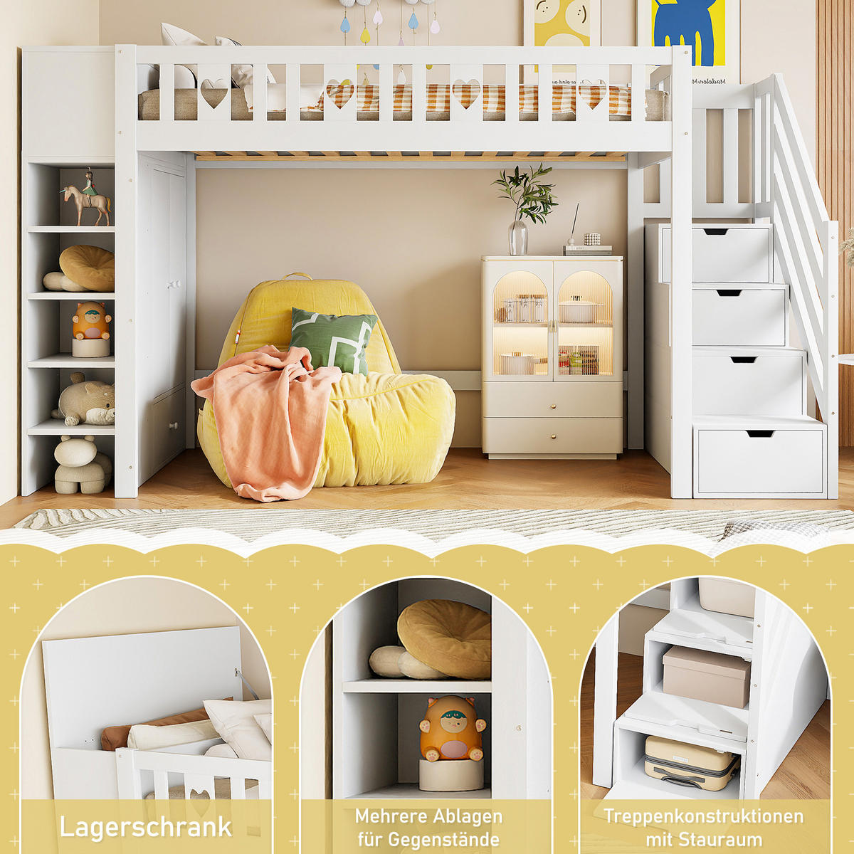 HOCHBETT 90x200cm Weiß Stauraumleiter Stauschrank Geländer Liebesform - Weiß, Holz (90/200cm) - FLIEKS