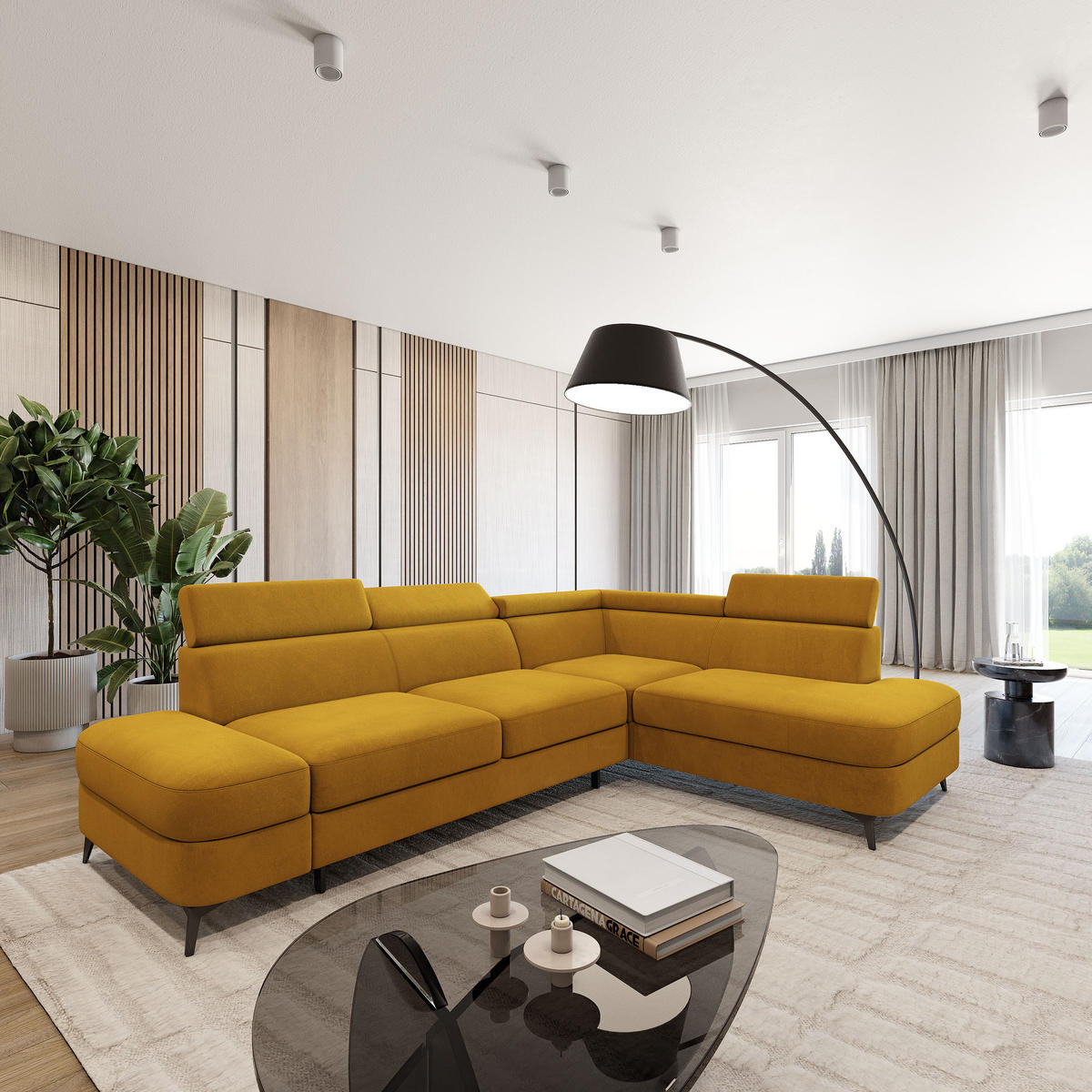 ECKSOFA AVISE MV R-S Gelb Velours-Stoff mit Schlaffunktion - Gelb, Holzwerkstoff/Textil (268/195cm) - MASSENO