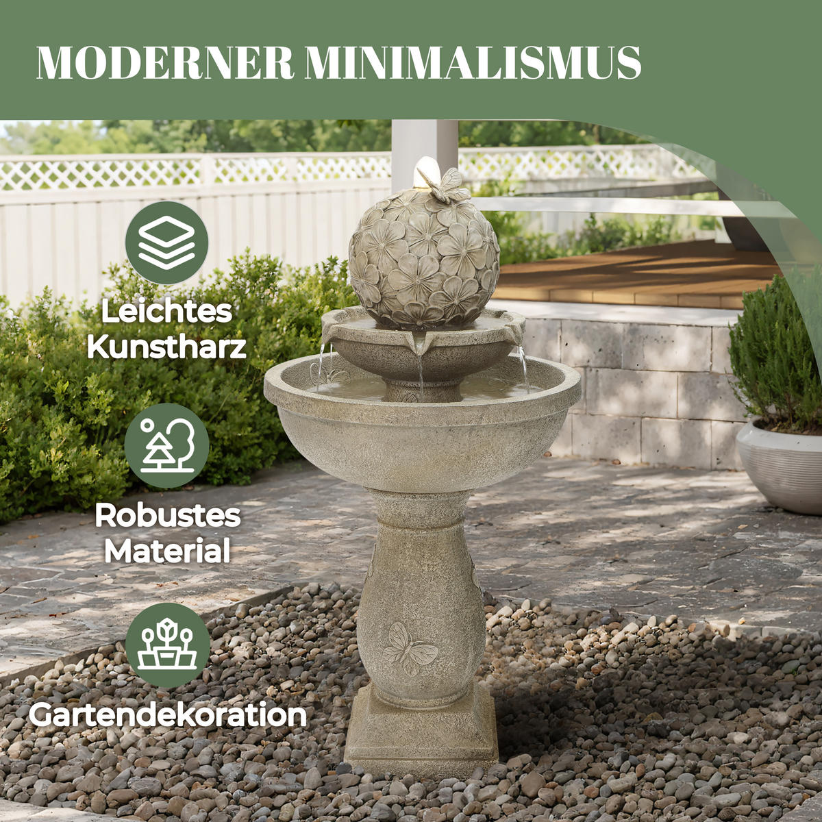 2-STUF. Polyresin-Gartenbrunnen, Vogeltränke+Schmetterling auf Kugel, 95cm, Garten/Balkon/Terrasse - Grau, Kunststoff (45/45/95cm)