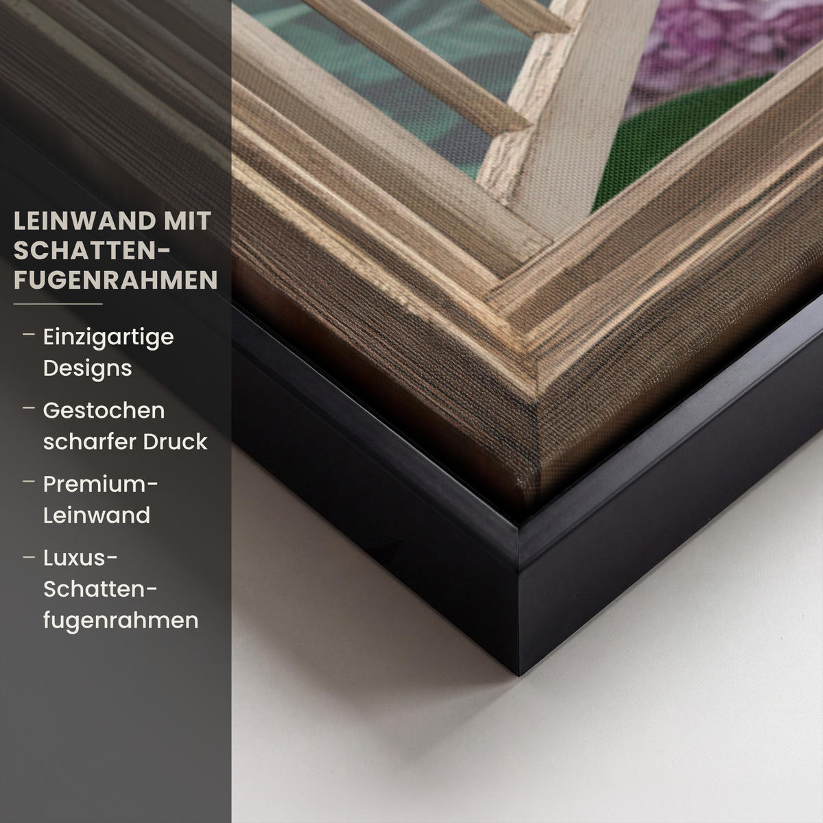 LEINWAND Bilder mit Rahmen - Aussicht - Garten - Fenster - Hortensie - Blumen - 100x70 - Pastellblau, Textil (100/70cm) - MuchoWow