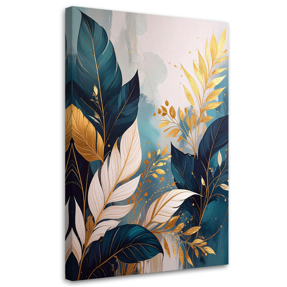 BILD auf Leinwand, Abstraktion: Pflanzenblätter in Türkis und Gold - Grün, Textil (20/30cm) - Feeby