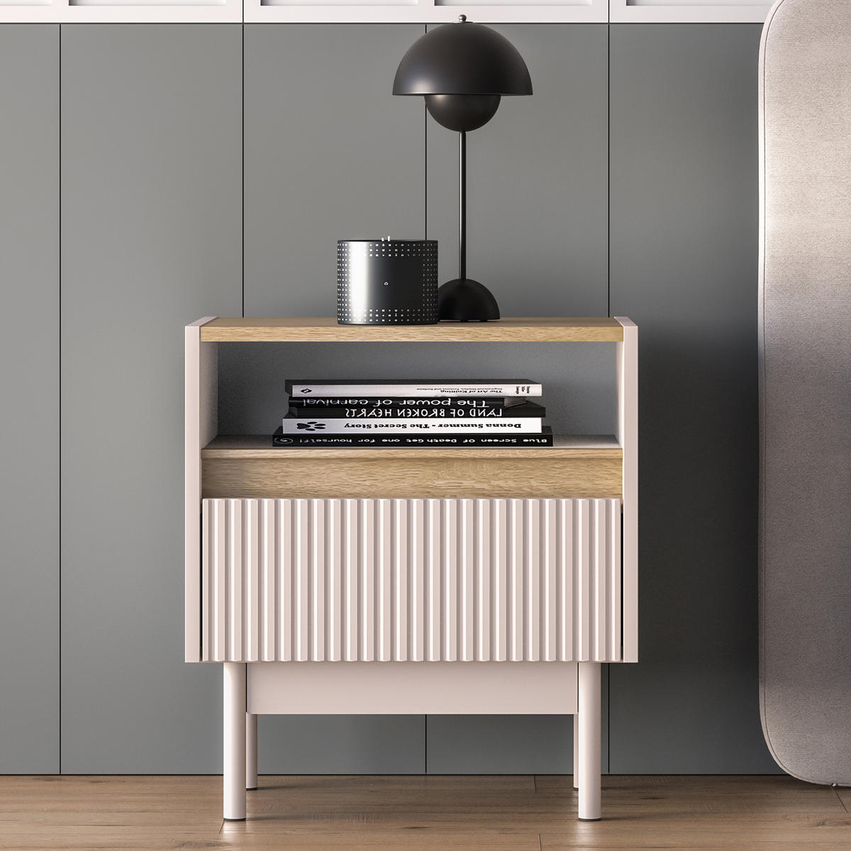 NACHTTISCH NALIA, Creme/Eiche - Eichefarben/Creme, Holzwerkstoff/Metall (50/55/35cm) - KONSIMO®
