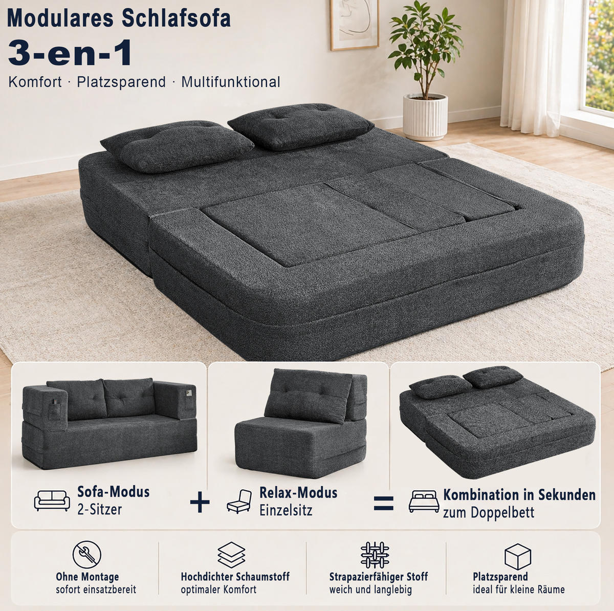 SCHLAFSOFA 199/194/39 cm aus Stoff mit klappbarem Sessel und Schlaffunktion Dunkelgrau - Dunkelgrau, Textil (194/39/199cm) - Modenvie