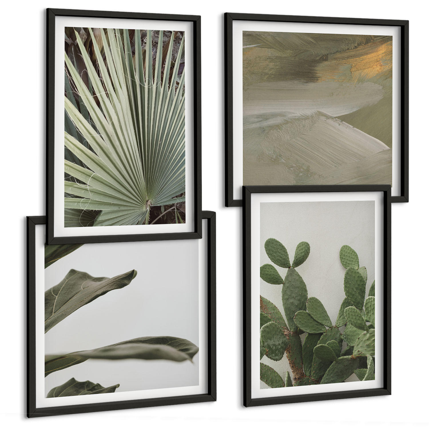 BILDER SET 4er Set - 50x50 cm & 40x60 cm Schwarzer Rahmen - Blätter tropischer Pflanzen in Pastellfarben - Schwarz, Kunststoff (50/50cm) - TULUP