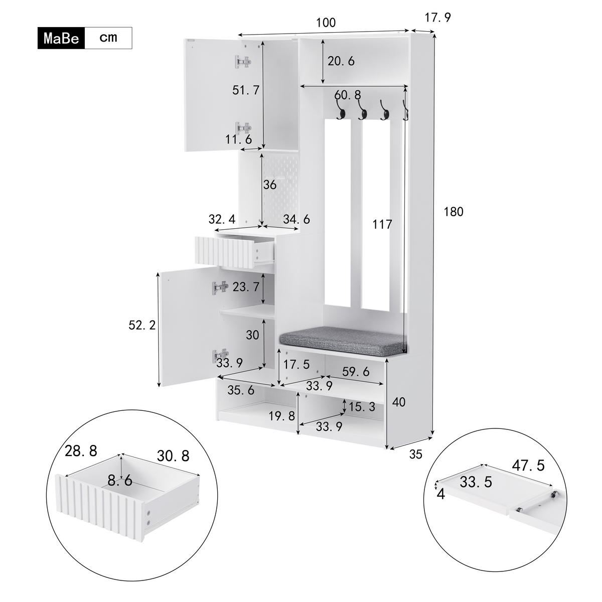 GARDEROBENSET Kompakt mit Sitzbank 4 Haken Weiß 100x35x180cm - Weiß, Holzwerkstoff (35/180/100cm) - FLIEKS