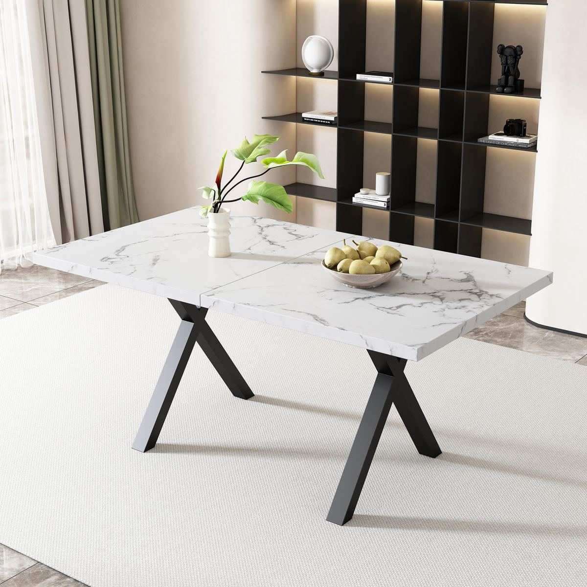JEDILNA miza 140/80/76 cm z navzkrižnim podnožjem, MDF plošča, večnamenska, Beli marmor - bela, leseni material (140/80/76cm) - Redom