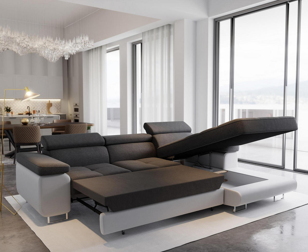 ECKSOFA ELMA R-S Grau Velours-Stoff mit Schlaffunktion - Grau, Holz (280/205cm) - MASSENO