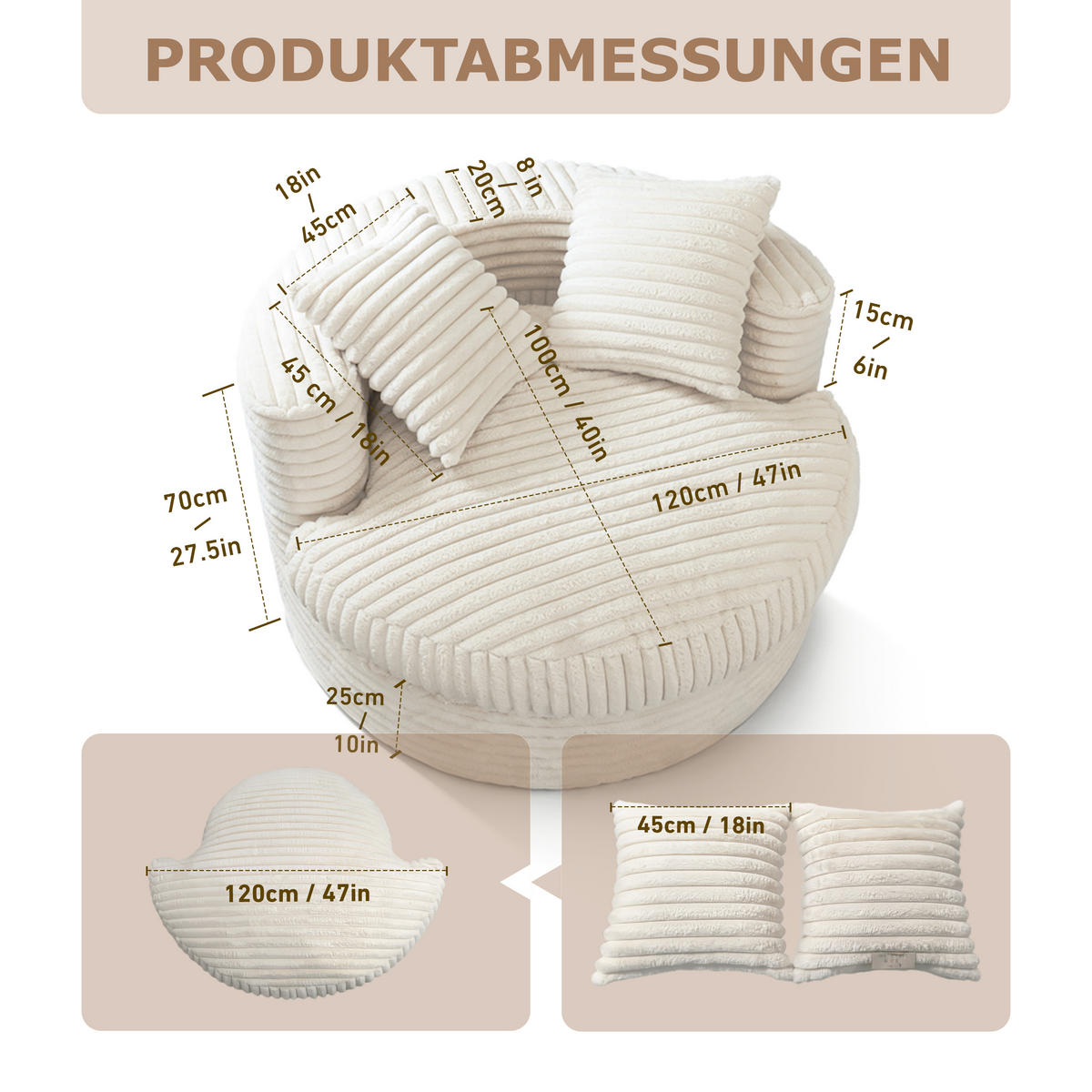 XXL-SESSEL Beige Cord - Beige, Textil (120/70/120cm) - Vercart