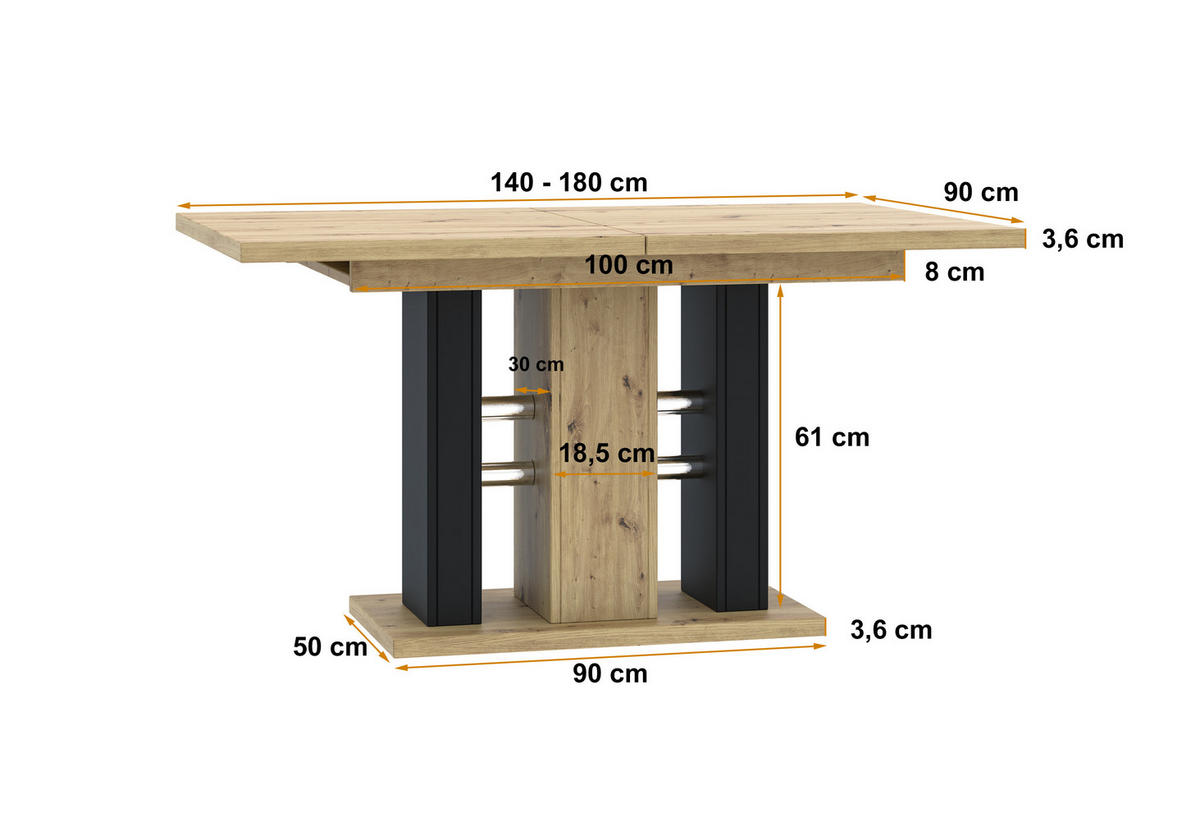 ESSTISCH ausziehbar 140 -180x90x75 cm - Artisan Eiche Optik/Schwarz - ILD - Eichefarben, Holzwerkstoff (120/90/75cm) - ALTDECOR