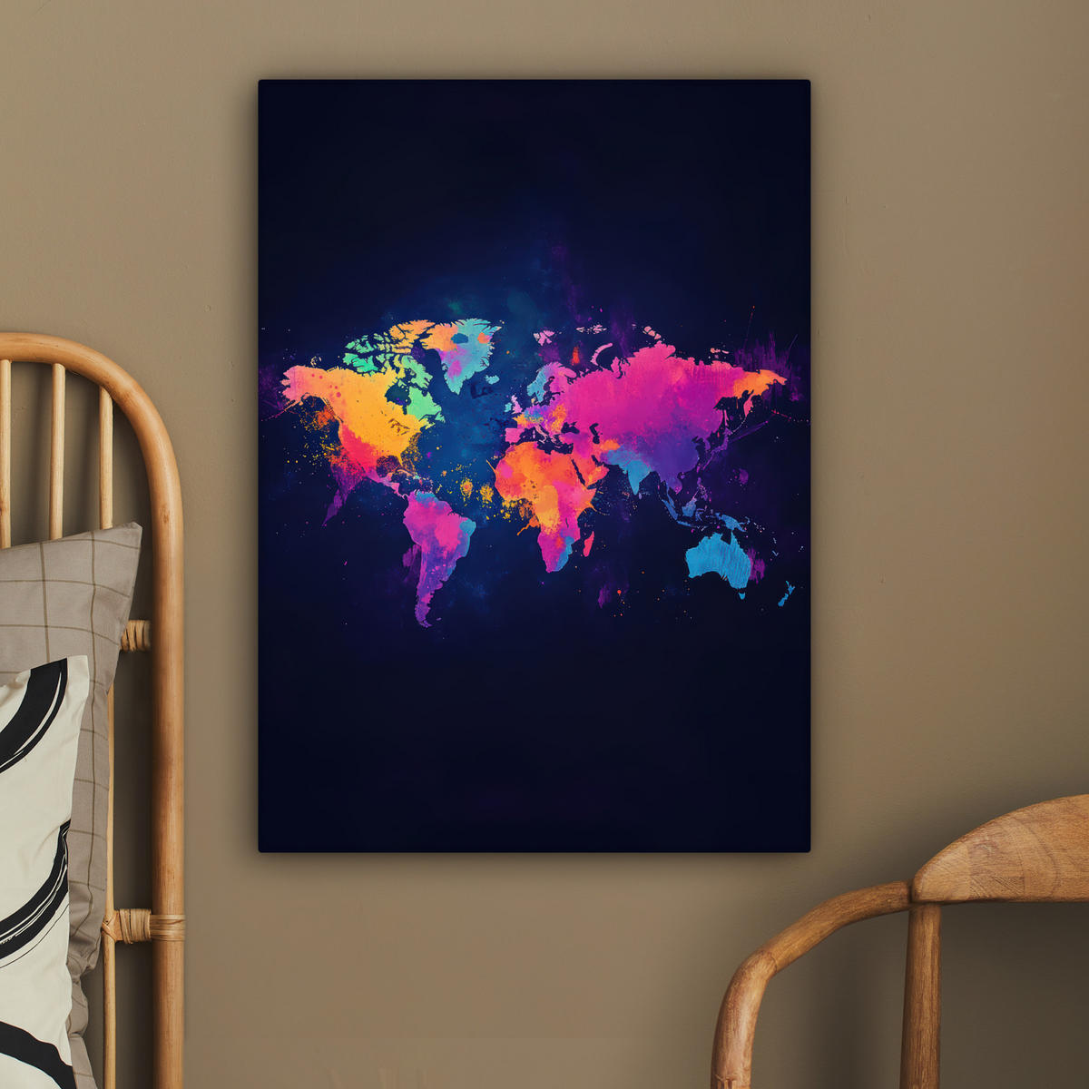 LEINWANDBILD Weltkarte - Bunt - Graffiti 60x80 cm - Multicolor, Textil (60/80cm) - MuchoWow