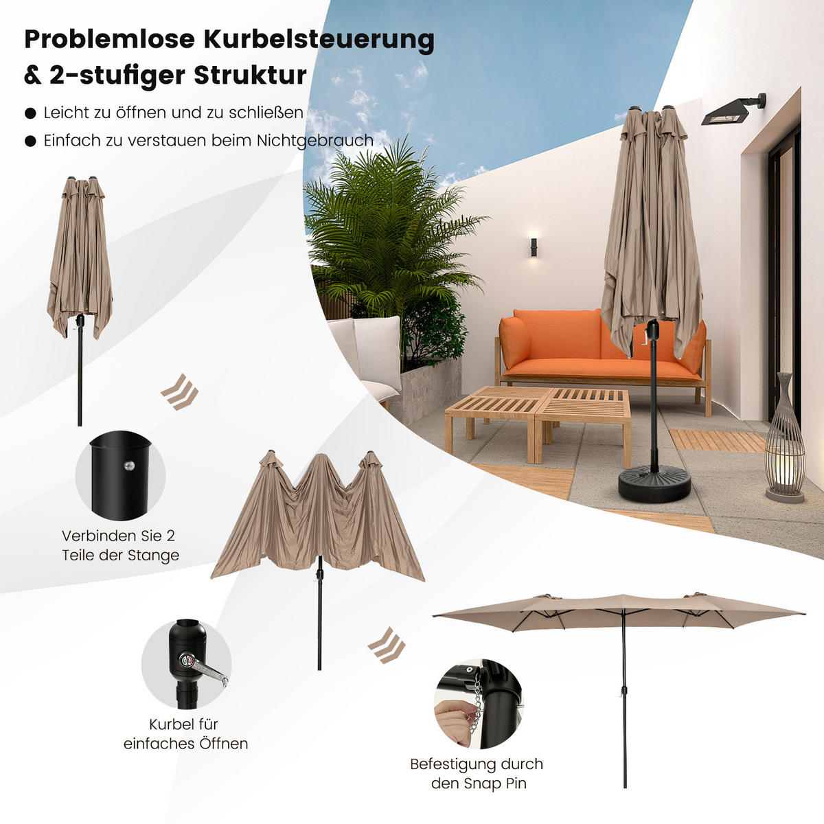 TERRASSENSCHIRM Kaffee - Braun, Kunststoff (265/426cm) - COSTWAY