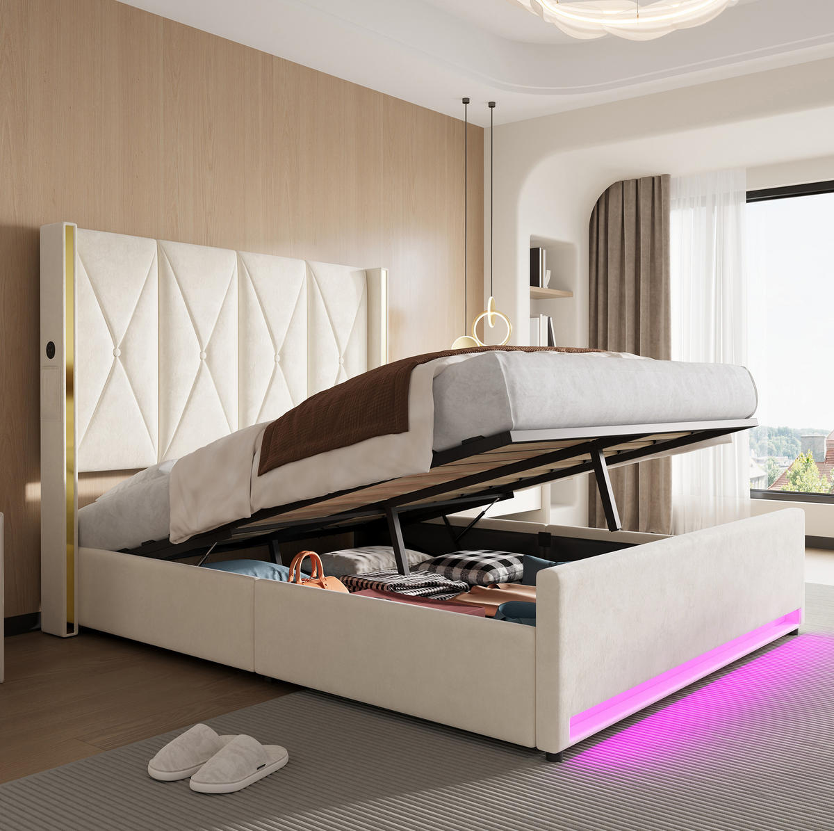 POLSTERBETT 160/200 cm in Beige mit Stauraum und LED-Beleuchtung - Beige, Textil (160/200cm) - Flora Grace