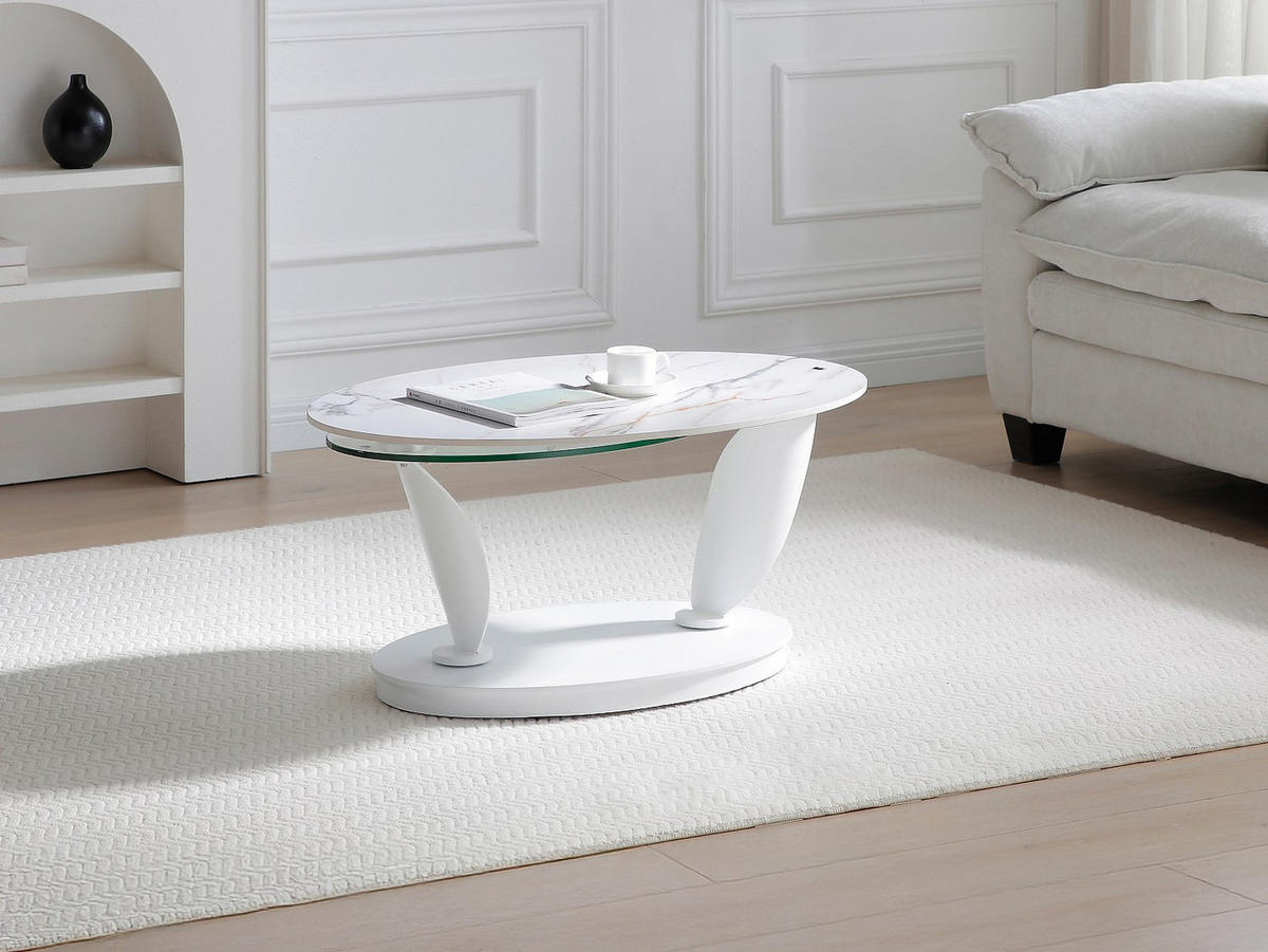 COUCHTISCH mit drehbaren Tischplatten - Keramik, Sicherheitsglas & Metall - Marmor-Optik Weiß - MANEYA - Weiß, Glas (150/60/43cm) - Vente-Unique