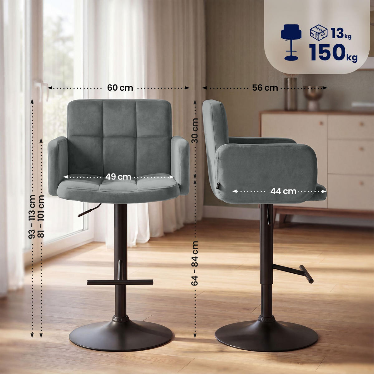BARHOCKER 2 Samt Grau - Schwarz/Grau, Textil/Metall (60/93/56cm) - CLP