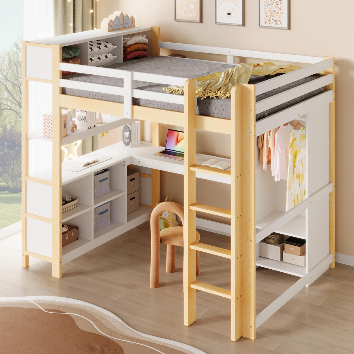 HOCHBETT 140/200 cm DE-04492, mit Schreibtisch, Kleiderschrank und Regalen in Natur - Naturfarben/Weiß, Holz/Holzwerkstoff (140/200cm) - ComfortXL
