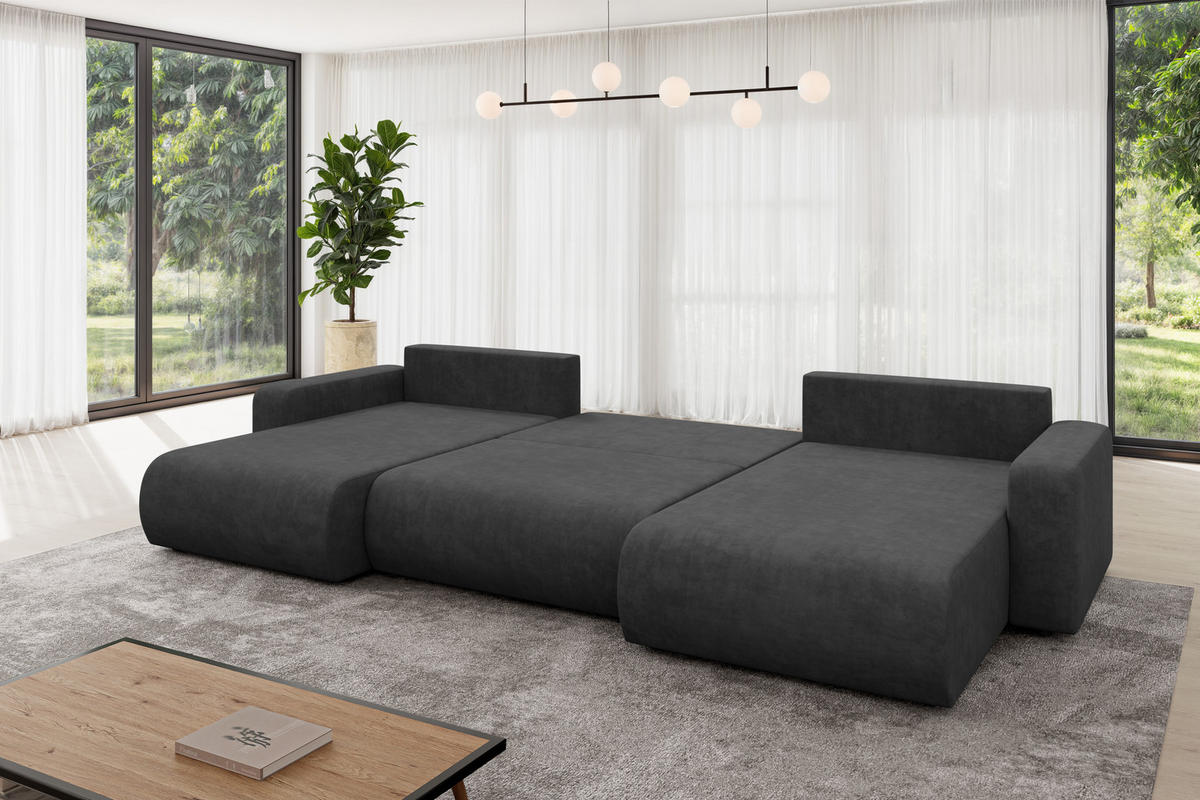 SEDACÍ SOUPRAVA DO U s funkcí spaní a úložným prostorem BERY-U 377x193x88 tmavě šedá velur - černá/antracitová, kompozitní dřevo/textil (377/88/193cm) - ALTDECOR