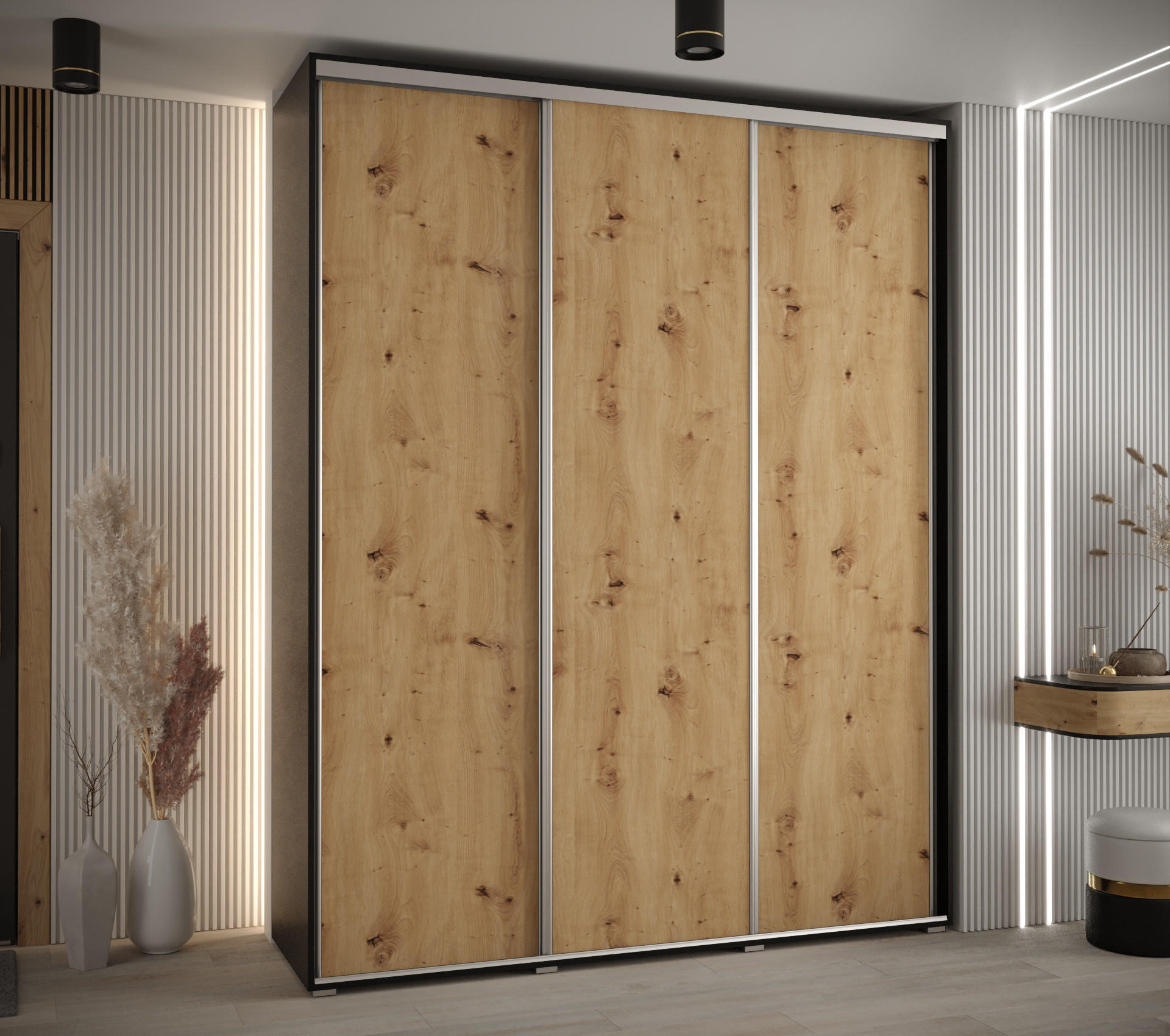 SCHWEBETÜRENSCHRANK 235,2/190/60 3-türig - Silberfarben/Schwarz, Holz/Metall (190/235/60cm) - Abiks Möbel