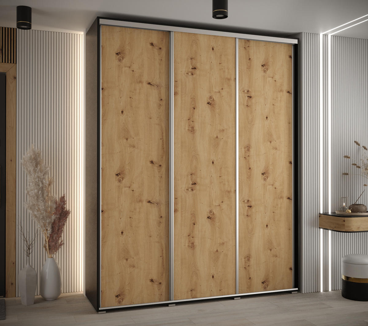 SCHWEBETÜRENSCHRANK 235,2/190/60 3-türig - Silberfarben/Schwarz, Holz/Metall (190/235/60cm) - Abiks Möbel