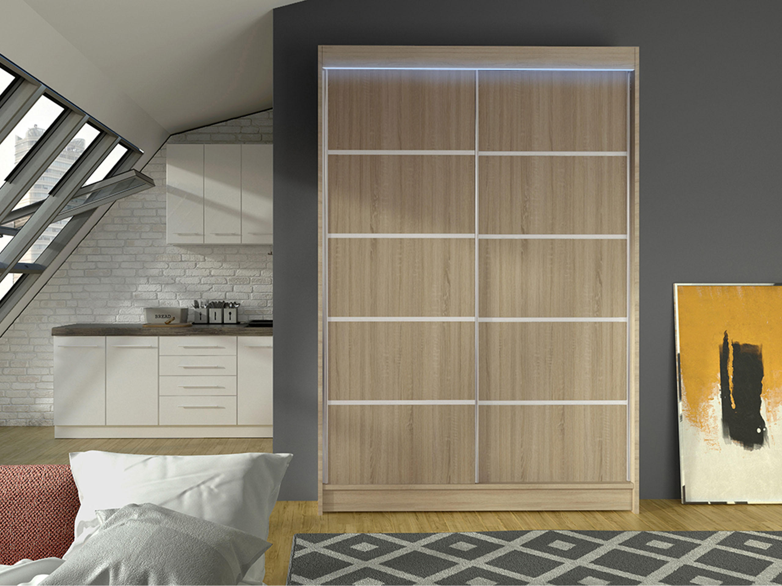 SCHWEBETÜRENSCHRANK Lino IV mit RGB LED Beleuchtung - Sonoma Eiche, Holzwerkstoff/Metall (120/200/58cm) - MIRJAN24