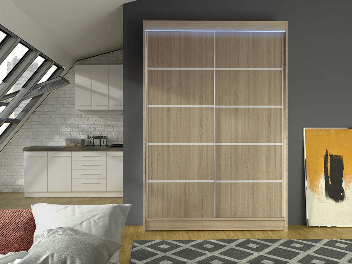 SCHWEBETÜRENSCHRANK Lino IV mit RGB LED Beleuchtung - Sonoma Eiche, Holzwerkstoff/Metall (120/200/58cm) - MIRJAN24
