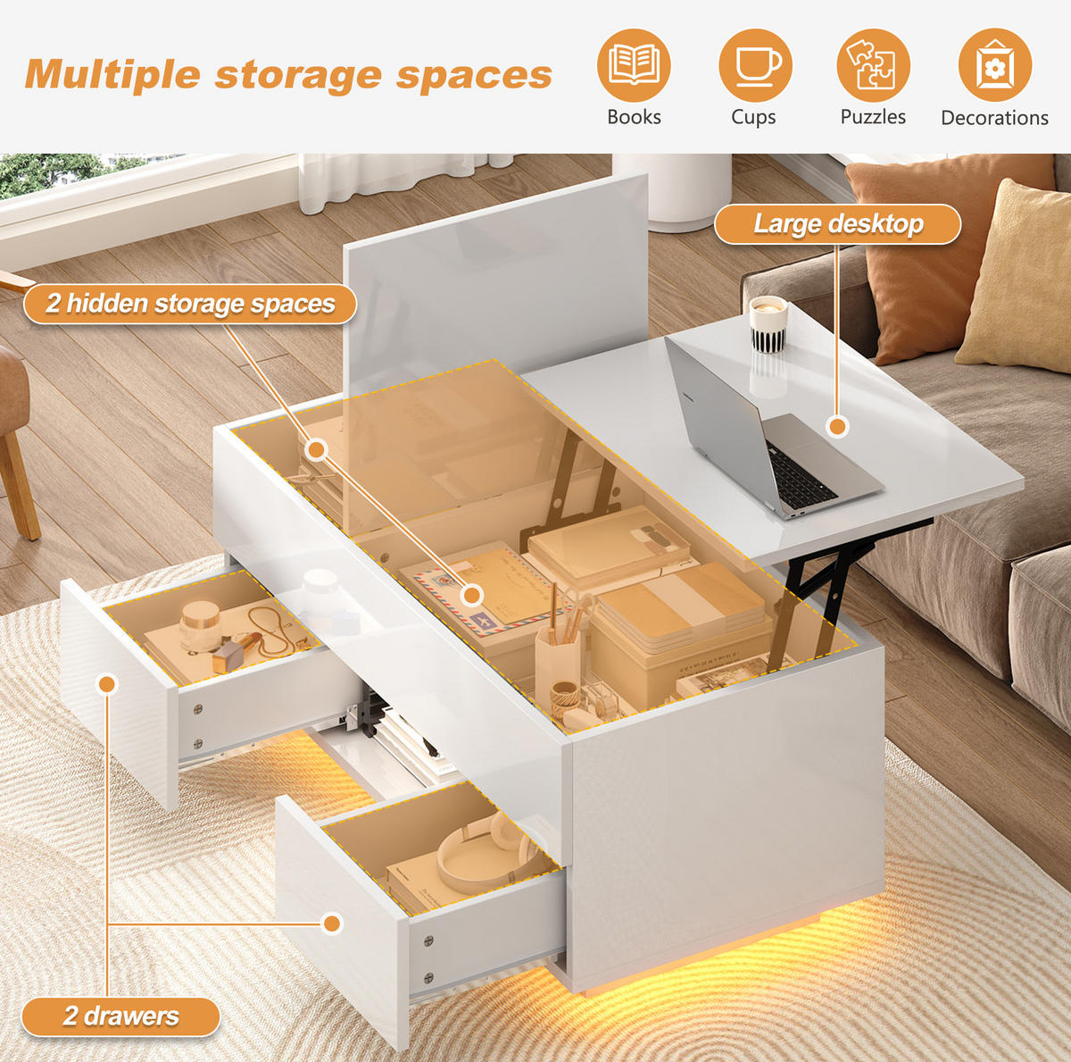COUCHTISCH 100/45/43 cm Weiß aus Spanplatte mit LED und höhenverstellbarer Tischplatte - Weiß, Holzwerkstoff (100/45/43cm) - OKMYHOME