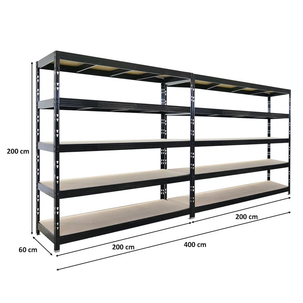 SCHWERLASTREGAL Rhino 2er-Set 200x200x60 cm 5 Spanplatten-Ebenen 8mm Fachlast 500 kg Schwarz - Schwarz, Metall (400/200/60cm) - PROREGAL