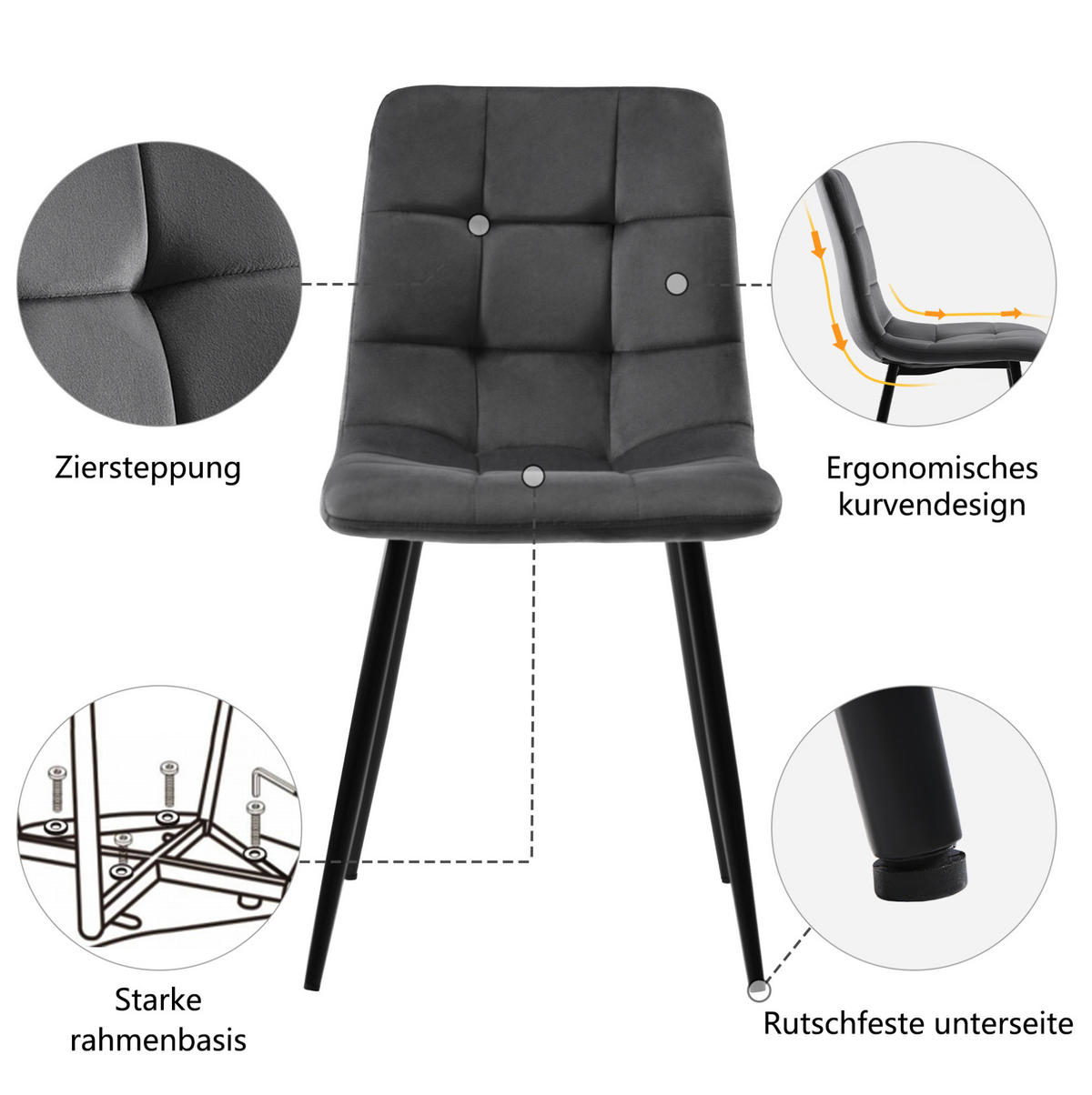 ESSZIMMERSTUHL gepolstert 44 x 41 x 86 cm Samt Grau 4er-Set - Schwarz, Metall (44/86/46cm) - Meubliv