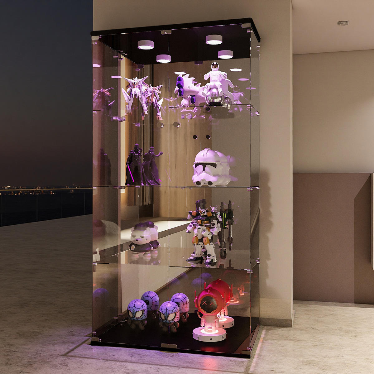 GLASVITRINE Doppeltür 80,5×36,5×163,9 cm schwarz mit LED, Spiegelrückwand & 4 Glasböden - Schwarz, Glas (36.5/164/80.5cm) - SHOPENTRA