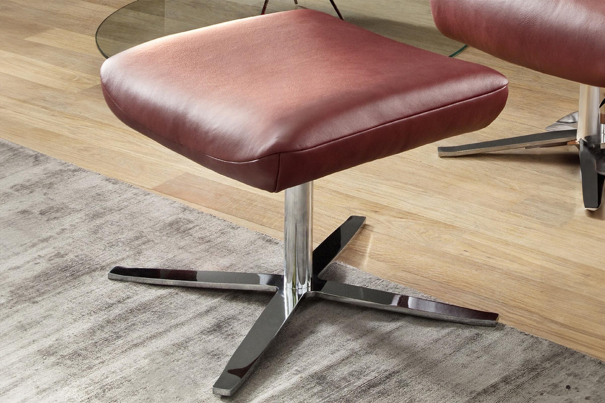 DREHSESSEL INKL. HOCKER RANDY Rot Leder - Silberfarben/Rot, Leder (79/117/96cm) - KAWOLA