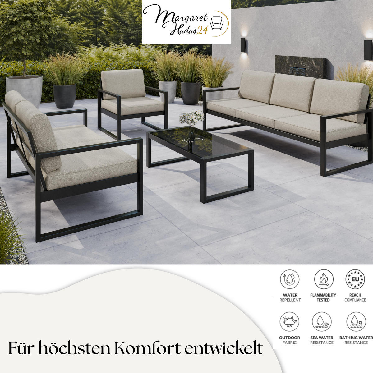 GARTENSET Madera für 6 Personen Balkonmöbel Aluminium Terassenmöbel Sitzbank, 4-tlg. Tisch schwarz, ecru - Ecru/Schwarz, Kunststoff/Metall - Margaret Hadas24