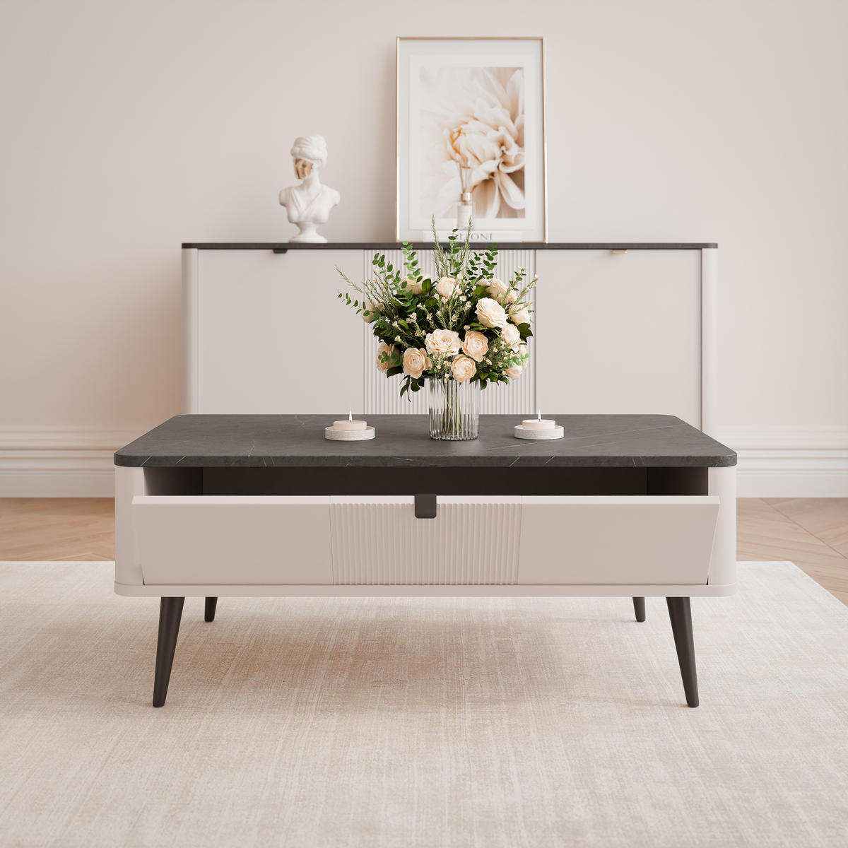 COUCHTISCH NAVANI auf schwarzen Beinen – Kaschmir / Stein - Kaschmir, Holzwerkstoff (60/100/42cm) - Idohome