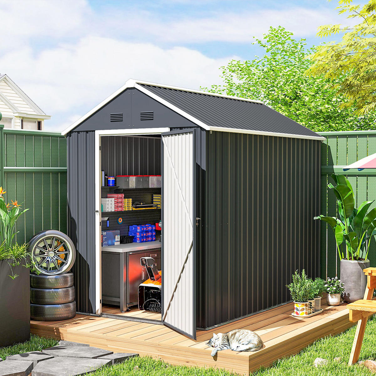 GERÄTEHAUS Stahl 4㎡ Geräteschuppen mit Fenster Gartenhaus 259x172x222 cm - Dunkelgrau, Metall (172/222/259cm) - Outsunny