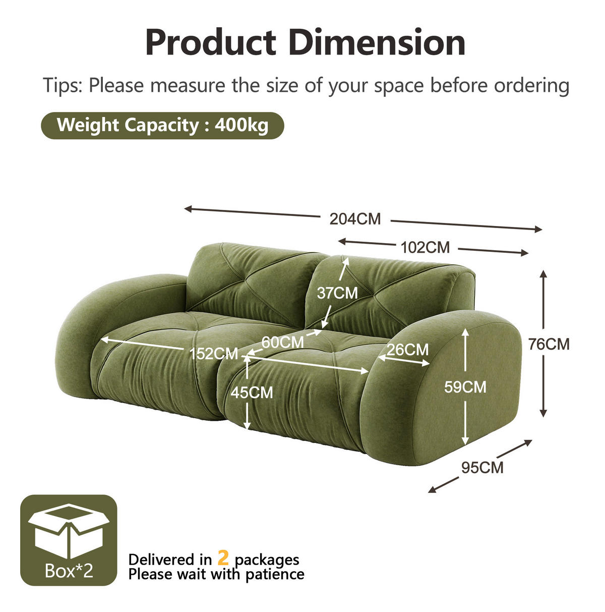 2-SITZER-MODULSOFA rahmenlos mit 32D-Schaumstoff, petfreundlichem Chenille-Bezug und rutschfestem Design, Grün - Grün, Textil (204/76/95cm) - Redom
