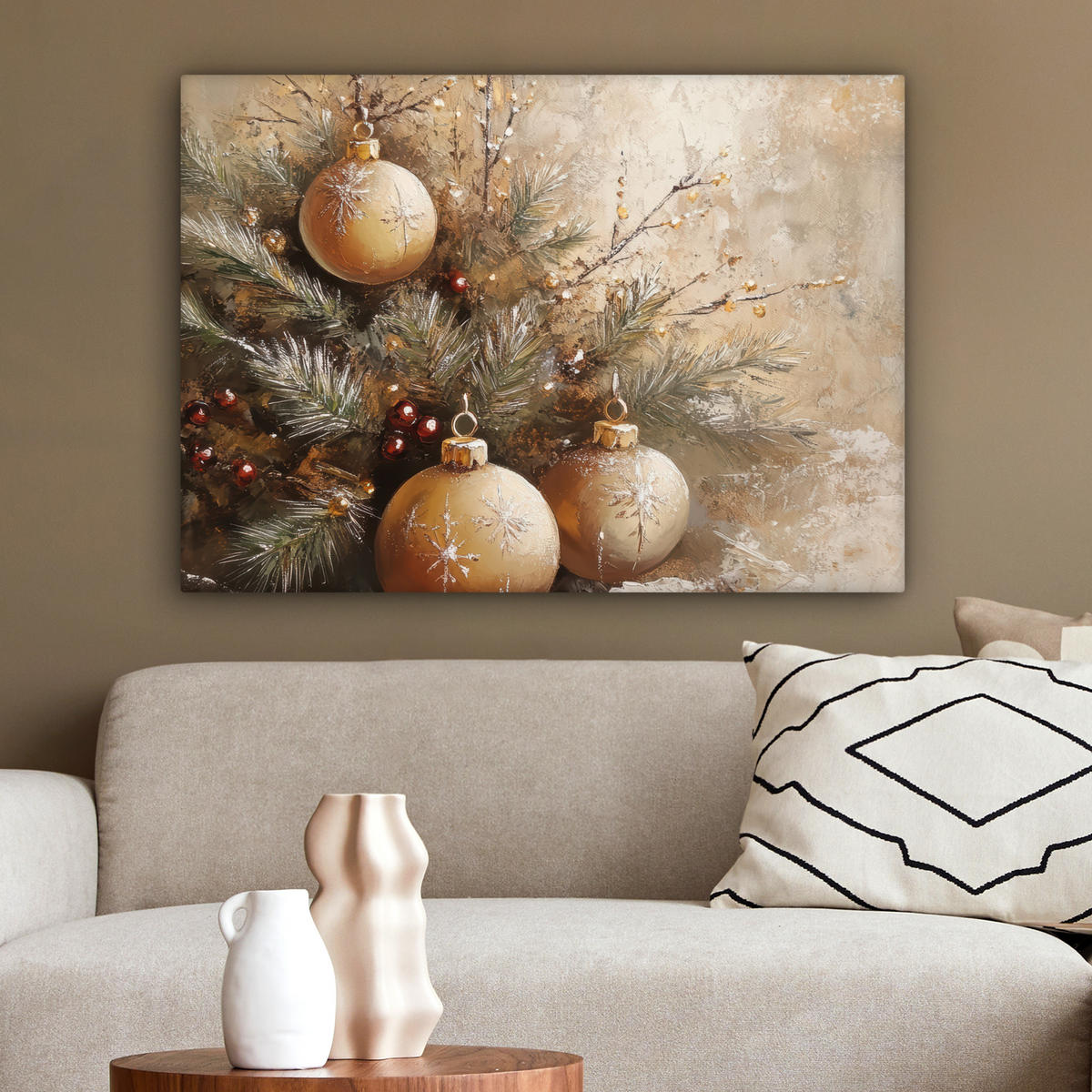 LEINWANDBILD Weihnachten - Kugeln - Beige - Gold Wandbilder 80x60 cm - Goldfarben, Textil (80/60cm) - MuchoWow