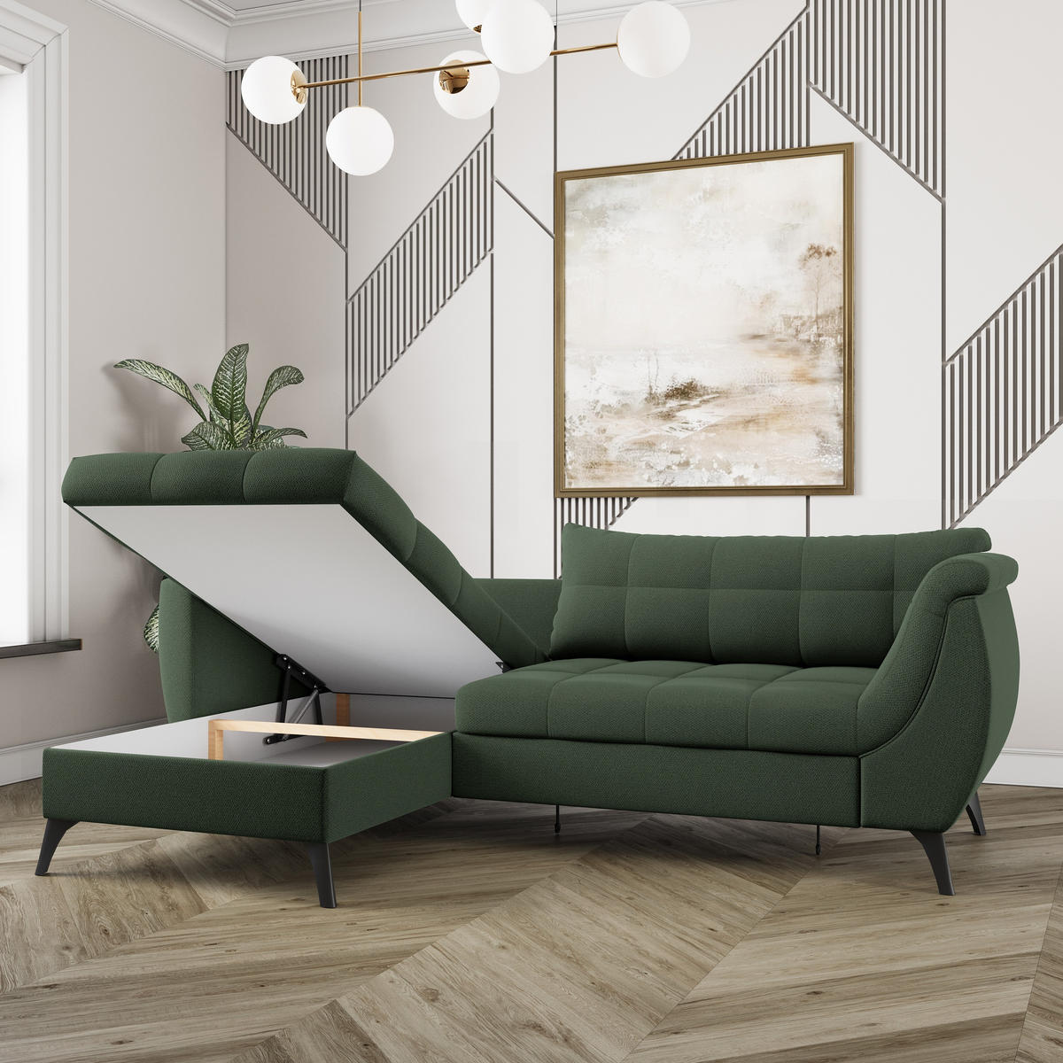 ECKSOFA MOLLIS Grün Geflochtener-Stoff mit Schlaffunktion - Grün, Holz (241/154cm) - MASSENO