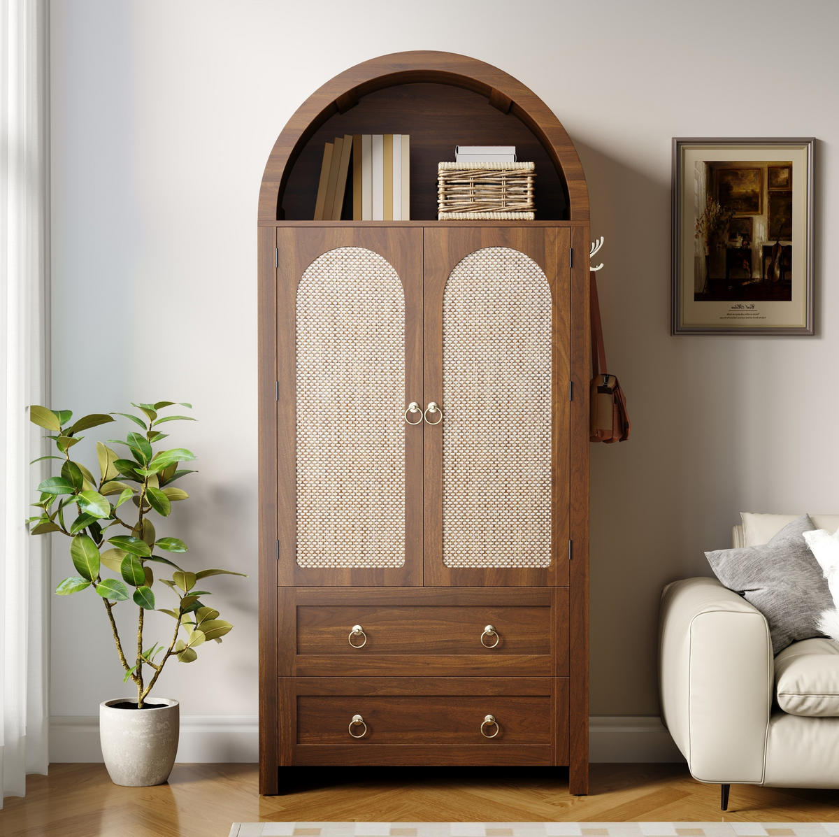 KOMMODE aus MDF 80x40x180cm in Nussbaum mit Rattantür - Nussbaumfarben, Holzwerkstoff (80/180/40cm) - Modfu