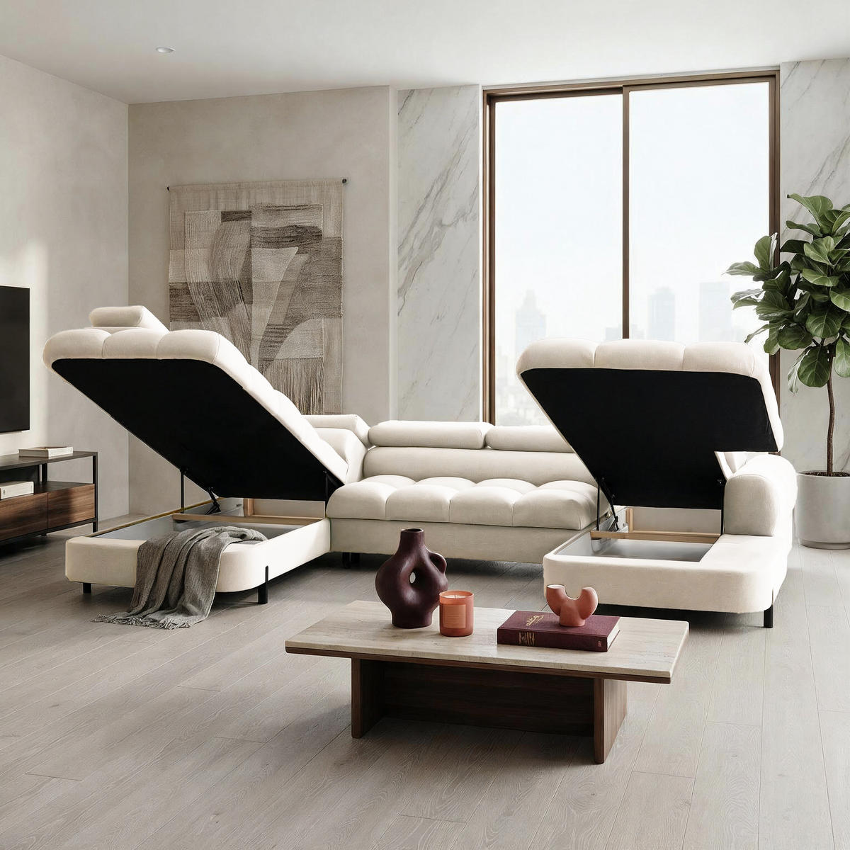 ECKSOFA U-Form BOWL U Links mit Schlaffunktion 125x265 Velours Creme - Creme/Schwarz, Holz/Textil (339/90/195cm) - Muffo