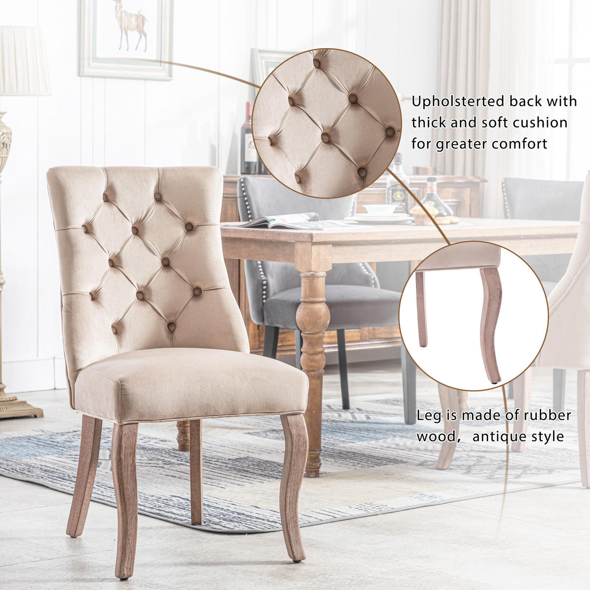 STUHL-SET DE-36945 4 Stück mit hoher Rückenlehne und Knopfsteppung Beige - Beige, Holz (51/97/47cm) - ComfortXL