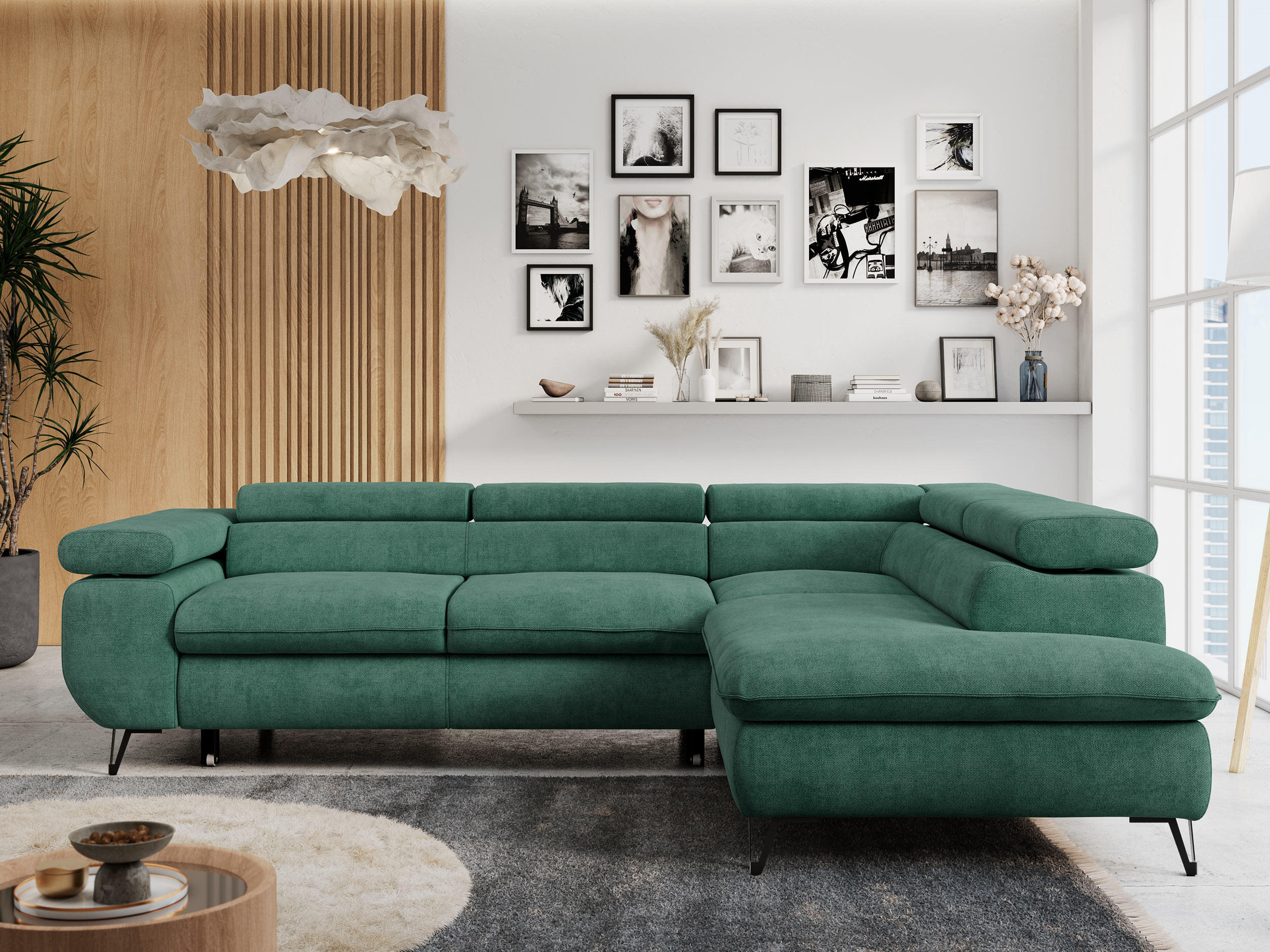 ECKSOFA PETER L Grün Struktur - Rechts Seite - Schwarz/Grün, Textil/Metall (273/208cm) - MKS