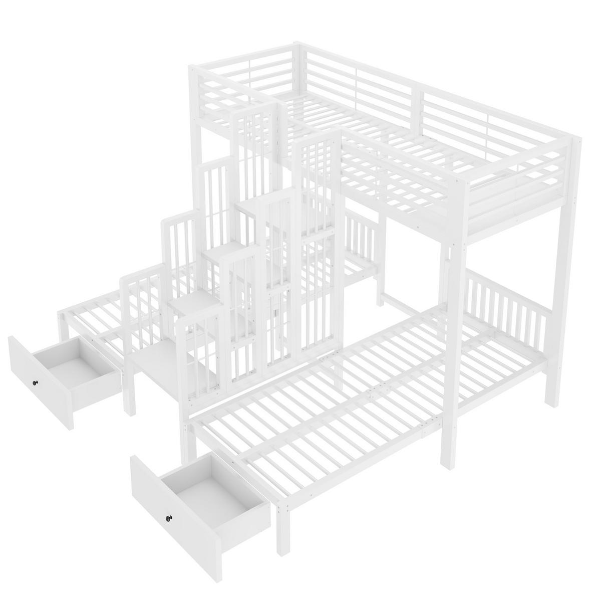 ETAGENBETT aus Metall und Holz 90x200 cm Weiß mit Treppe, Sicherheitsgeländern und 2 Schubladen - Weiß, Metall (90/200cm) - Modfu