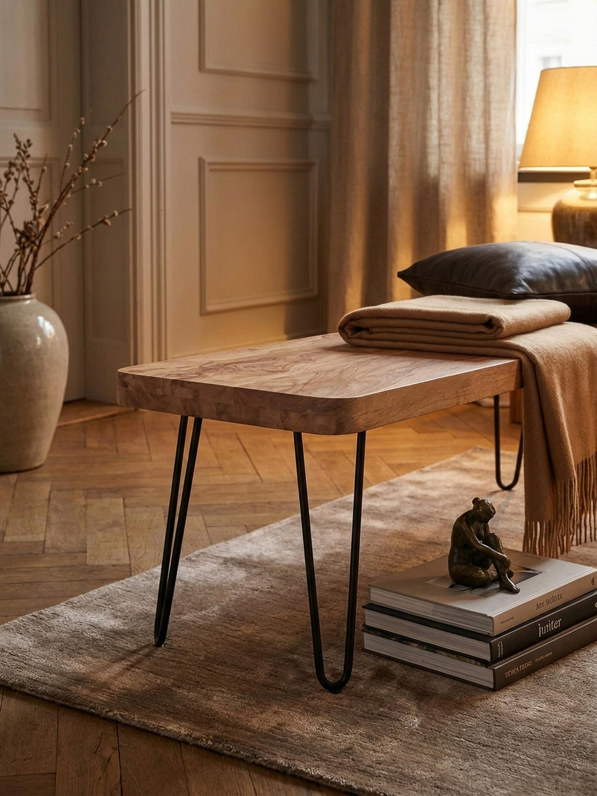 SITZBANK BALU Massivholz Metallbeine Landhausstil, Beige 160x40x45 cm - Beige/Schwarz, Holz/Metall (160/45/40cm) - KADIMA DESIGN