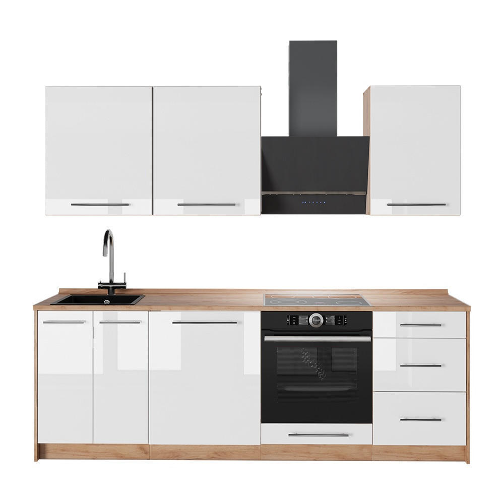 KUCHYNKA Fame-Line, Biely vysoký lesk/Dub Goldkraft, 230 cm, AP Oak - biela s vysokým leskom/dub medový, kompozitné drevo (230/206.8/60cm) - Vicco