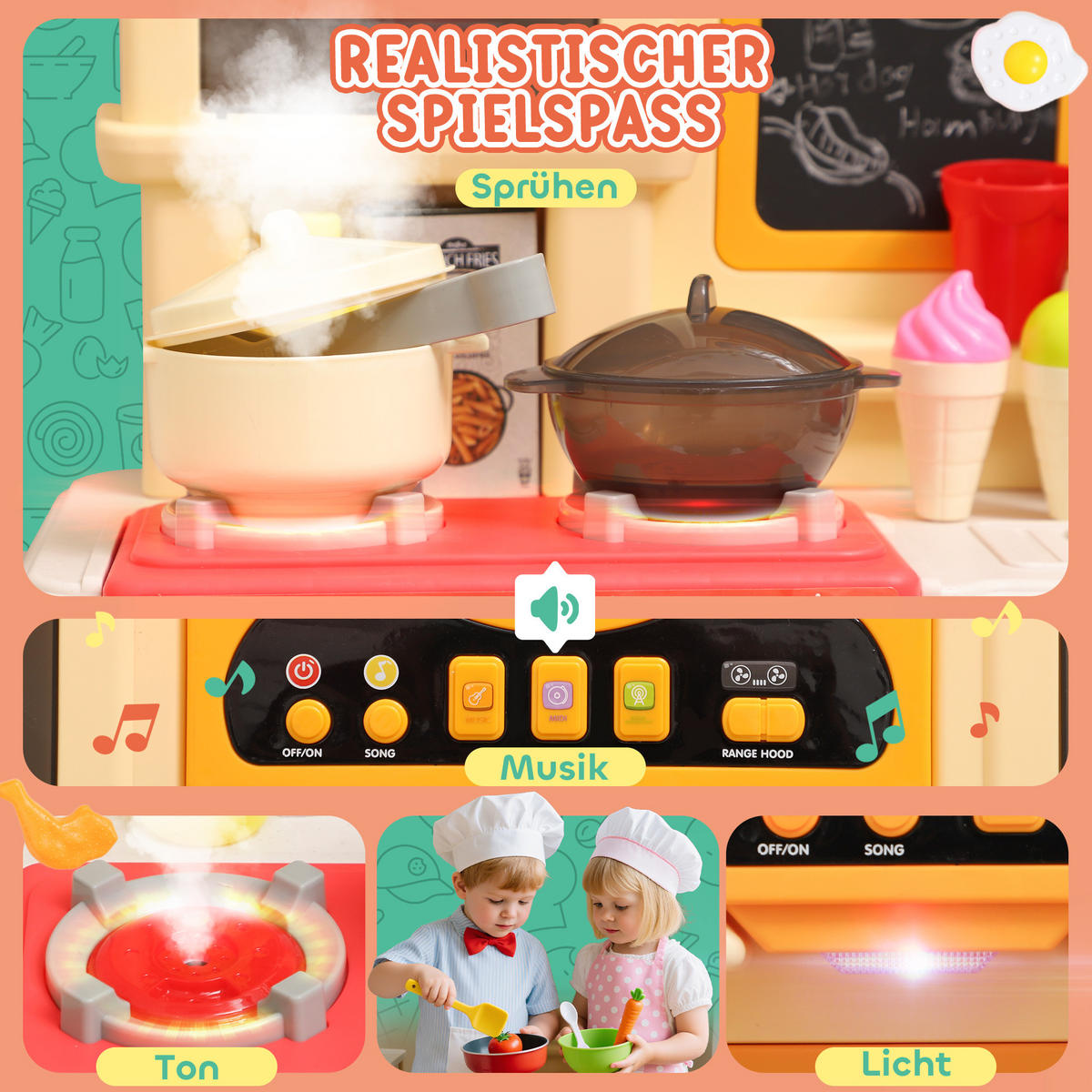 SPIELKÜCHE mit fließendem Wasser, 85-teiliges Zubehör, elektrischer Wasserhahn - Grün, Kunststoff (24/66cm) - AIYAPLAY