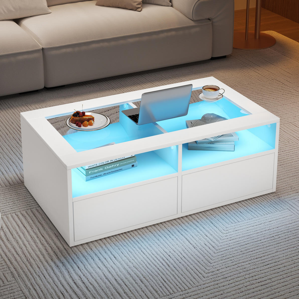 COUCHTISCH mit LED Beleuchtung Glasplatte USB Anschluss 2 Schubladen offene Fächer Spanplatte modern - Weiß, Glas/Holzwerkstoff (100/50/35cm) - EVRYAE