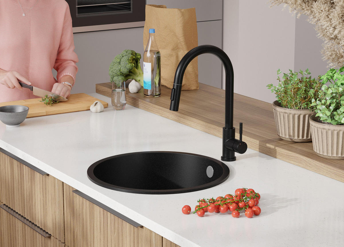 GRANITSPÜLE Valletta Slim, 2-er set Schwarz 46/46 cm 1 Becken + Küchenarmatur 32/20 cm + Ablauf-Set ab 50er Unterschrank - Chromfarben/Schwarz, Kunststoff (46/20/46cm) - Primagran