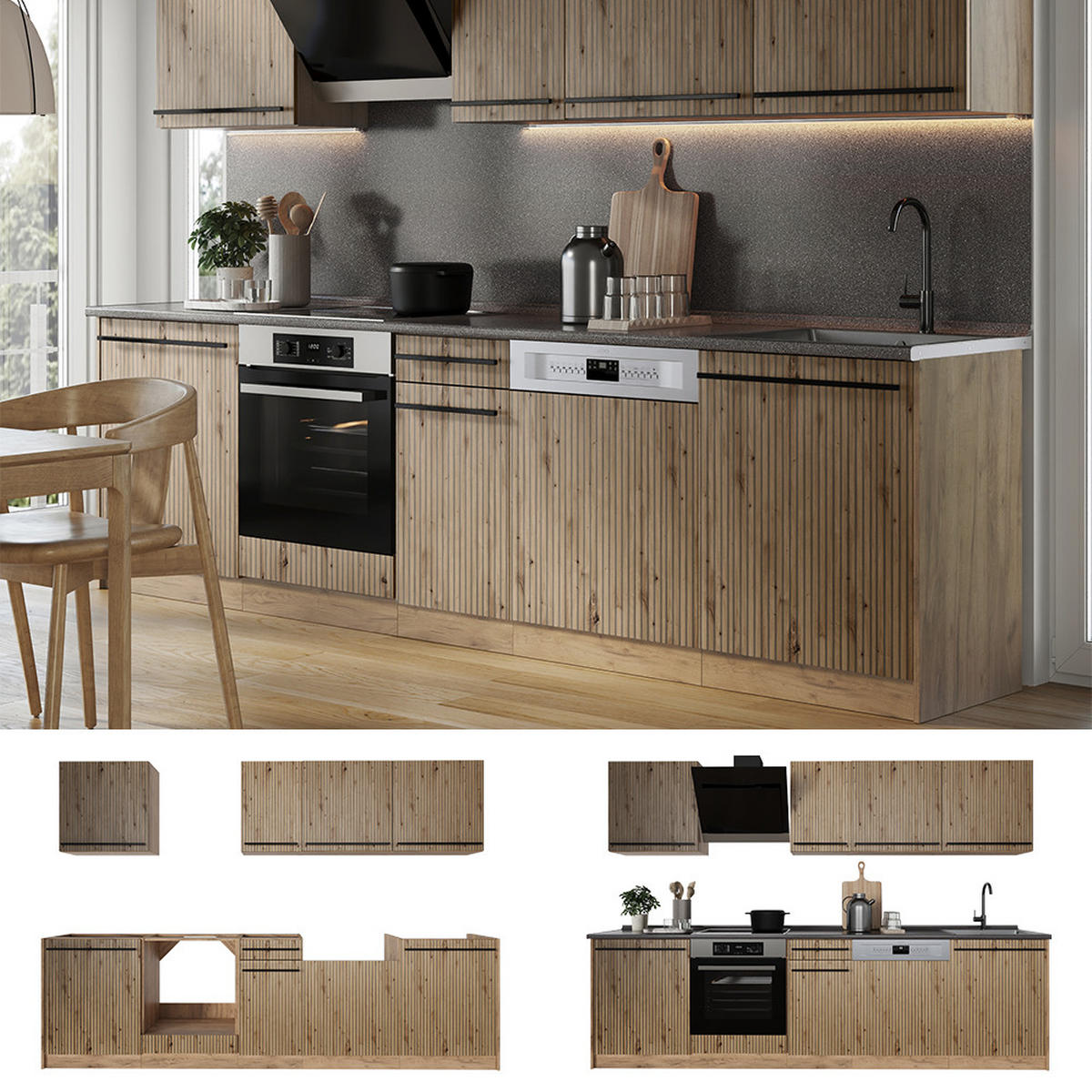 KÜCHENZEILE R-Line, Artisan-Eiche/Goldkraft Eiche, 280 cm Arbeitsplatte Goldkraft Eiche - Honigeiche/Eiche Artisan, Holzwerkstoff (280/206.8/60cm) - Vicco