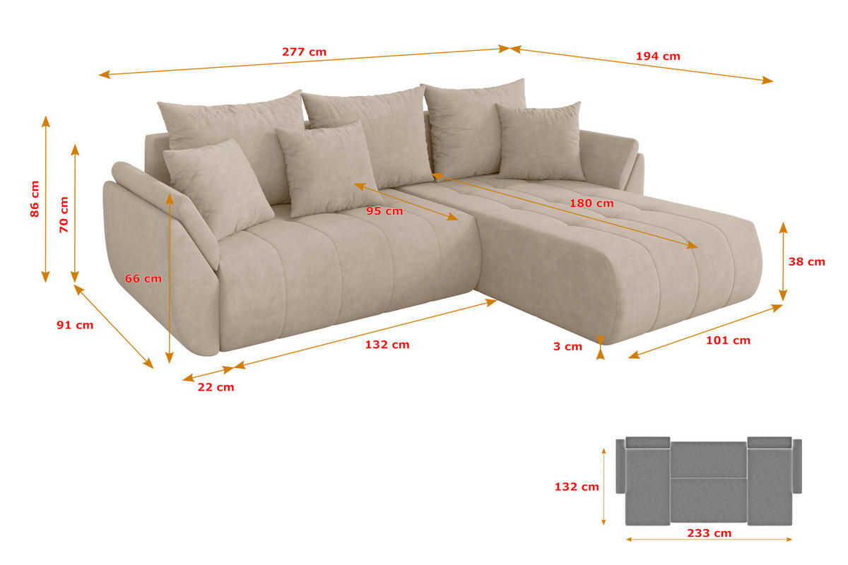 ROHOVÁ SEDAČKA s funkcí spaní, otoman vpravo TOKO-L 277x194x86 béžová velur - černá/Sahara, kompozitní dřevo/textil (277/194cm) - ALTDECOR