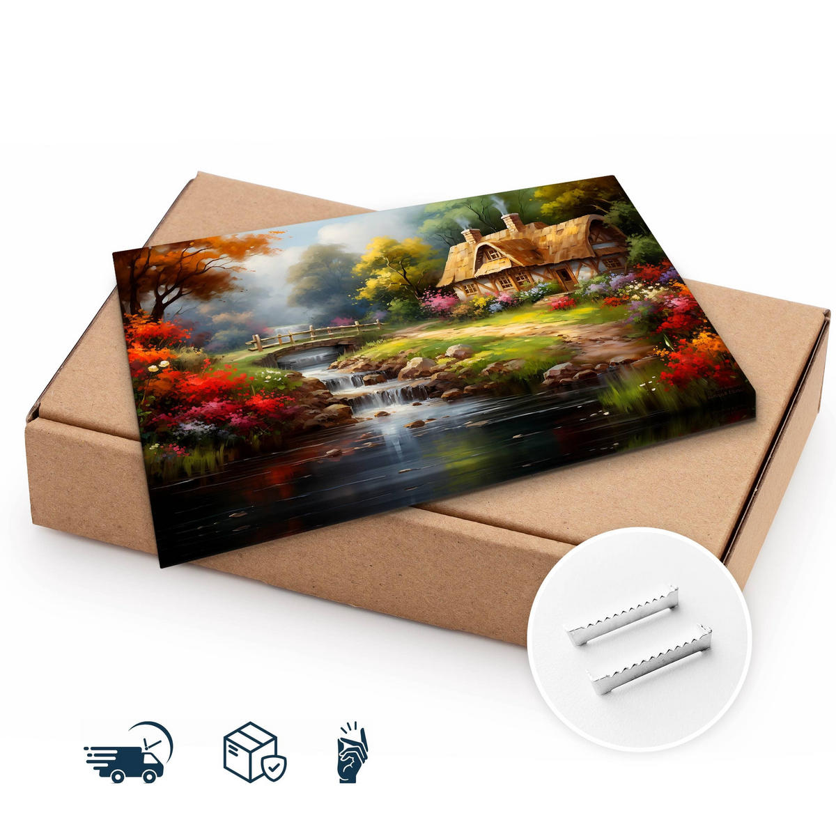 LEINWANDBILD ländlichem Häuschen Wald Natur Landschaft 120cm x 80cm - Beige/Rot, Textil (120/80cm) - Muralo